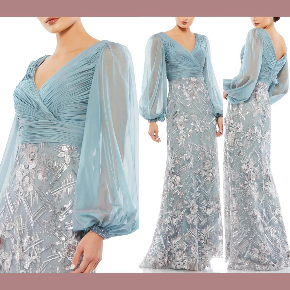 NEW Mac Duggal [ 4 ] 67886 Puff Sleeve Pleat‎ Bodice Embellished Gown Slate Blue